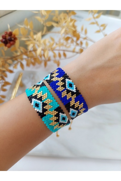 BUNİTA DESİGN تفاصيل العين ميوكو مطرز يدوياً قابل للتعديل المنسوجة الكفة ميوكو سوار