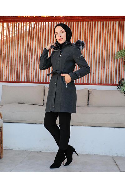 KMKkombin WOMEN'S SHORT HOODED BELTED PLUS SIZE CACHET COAT ÖZALTAY1