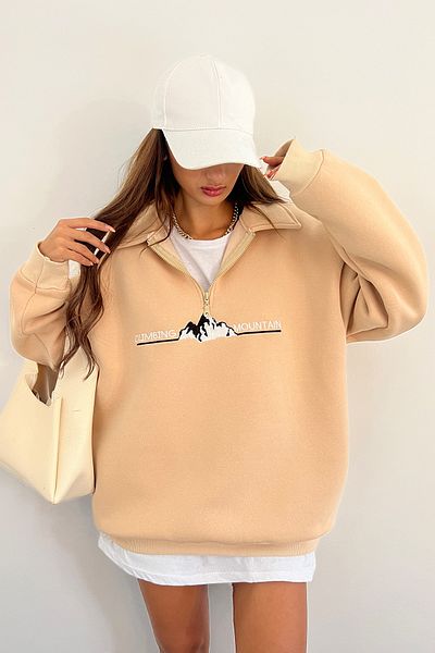 Sun Victoria Unisex Cream Polo Neck Oversize 3 Thread Raster Embroidered Sweatshirt