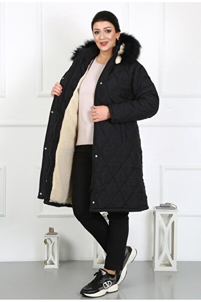 By Alba Collection Women's Black Long Crinkle Fabric Wool Inside Plus Size Coat