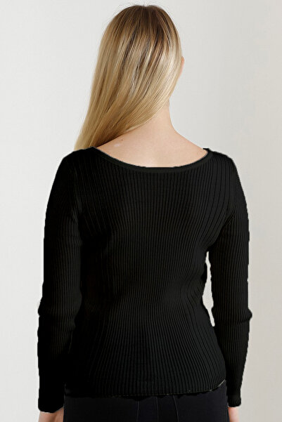 VEGENZE Women's Black Boat Neck Knitwear Sweater