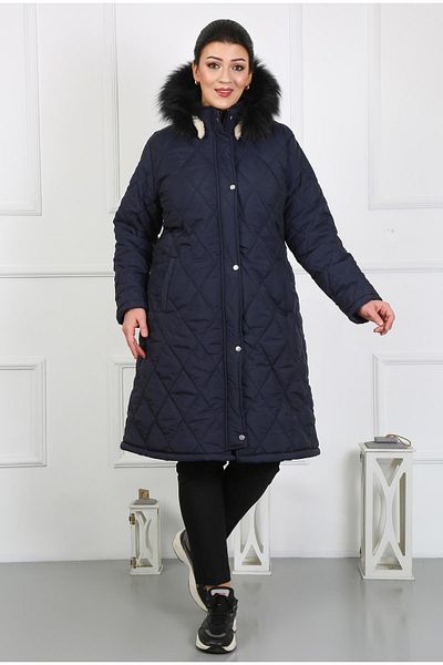 By Alba Collection Women's Navy Blue Long Crinkle Fabric Wool Large Size Coat
