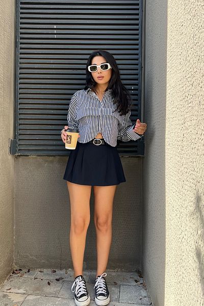 Seda Yalçın Atelier Navy Blue Belted Mini Shorts Skirt