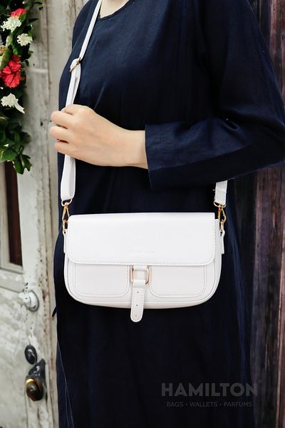 HAMILTON Original Women's White Crossbody Adjustable Strap Lined Leather Baguette Daily Shoulder Bag with Card Holder