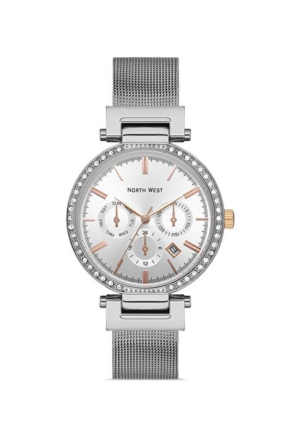 North West ÇELİK KORDONLU ROSE DETAYLI TAŞLI KADIN KOL SAATİ