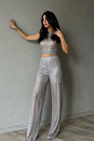 Seda Yalçın Atelier Silver Sequin Transparent Blouse and Elastic Waist Pants Set