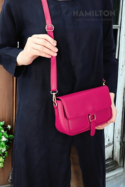 HAMILTON Original Women's Pink Crossbody Adjustable Strap Lined Leather Baguette Daily Shoulder Bag with Card Holder