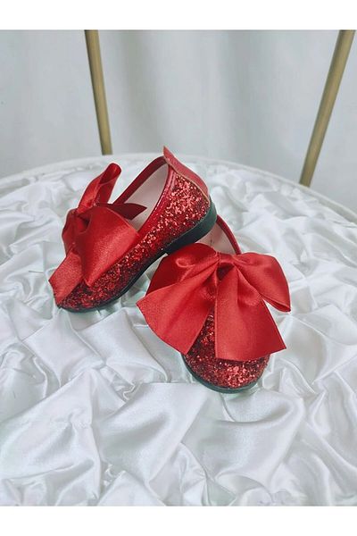 Tirenti Red Glass Broken Bow Detailed Girl's Ballerinas