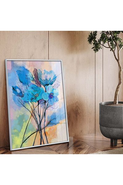 Zevahir Mobilya Dekorasyon Floare albastră cu cadru metalic argintiu Desen modern Pictură din sticlă irezistibilă