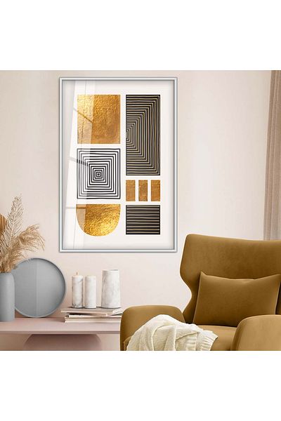 Zevahir Mobilya Dekorasyon Desen geometric cu cadru metalic argintiu Desen cu temă abstractă Pictură pe sticlă irezistibilă
