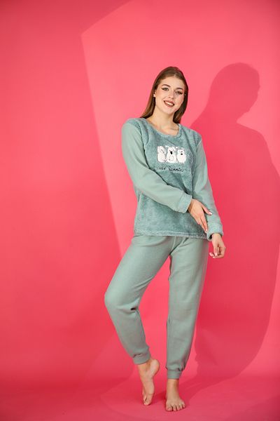 FAMES PİJAMA Green Shaved Fleece Long Sleeve Winter Women's Pajama Set