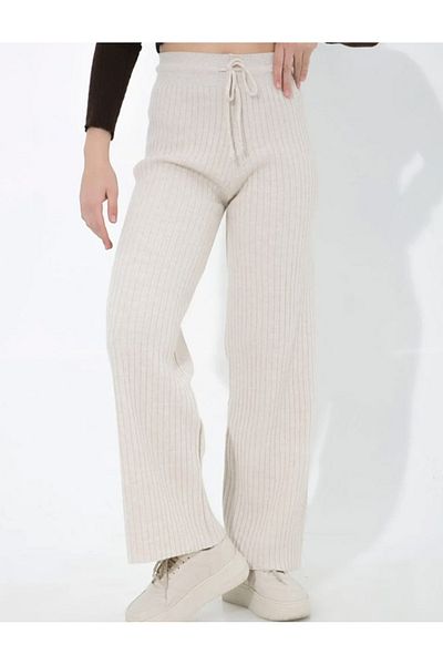 WEAR AND WEAR Women's High Waist Lace Up Loose Ribbed Knitwear Trousers Flexible Palazzo Trousers