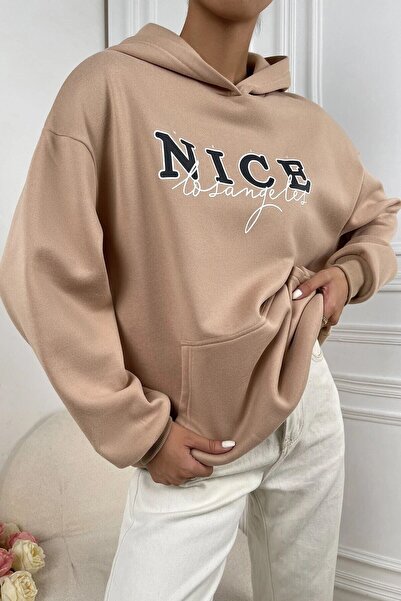 Adrift Unisex bež lepa majica Los Anđeles Štampano Sa kapuljačom Oversize kro...