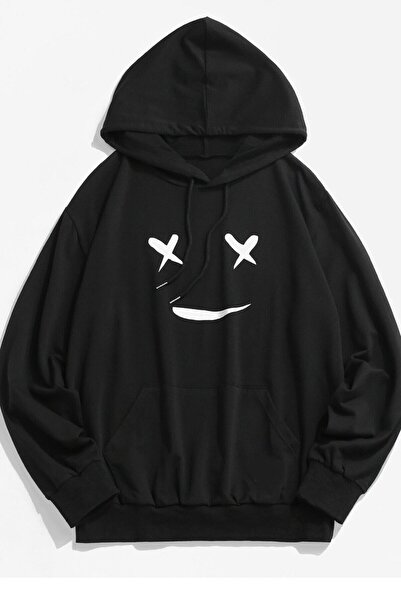 Adrift Crna unisex majica sa kapuljačom sa nasmejanim licem Oversize kroj