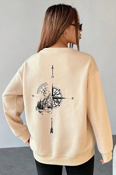 Adrift Unisex bež kompas Štampano Oversize kroj okrugla kragna dukserica komp...