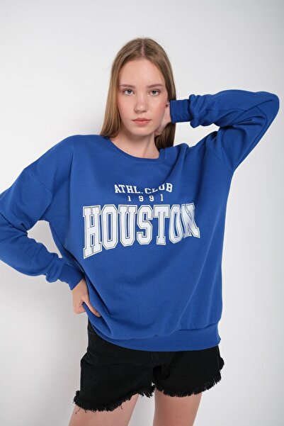 Tarzsokak Дамска саксофонно синя блуза с принт на Хюстън и голям деколте mdgn...