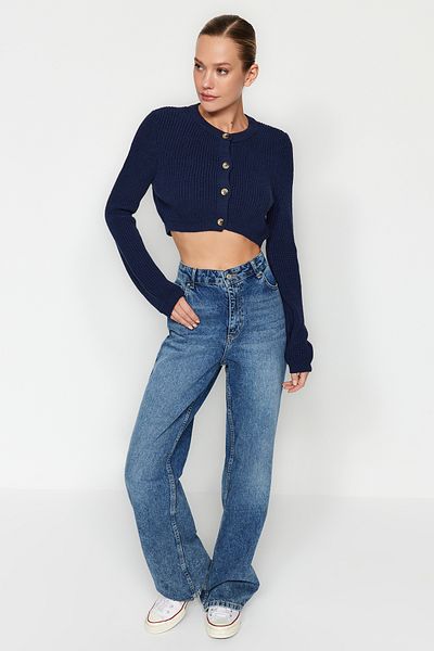 Trendyol Collection Super Crop sötétkék kötöttáru kardigán - TWOAW24HI00419
