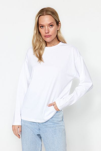 Trendyol Collection Tricou alb, 100% bumbac, cu mânecă lungă, cu mânecă lungă, tricotată supradimensionată/largi TWOAW24TS00013