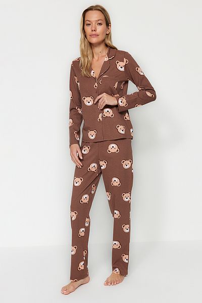 Trendyol Collection Teddy Bear Patterned Brown cotton Pajamas Set - Shirt and Pants THMAW24PT00002