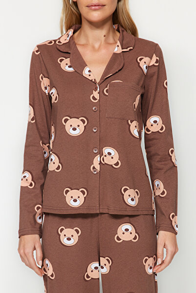 Trendyol Collection Teddy Bear Patterned Brown cotton Pajamas Set - Shirt and Pants THMAW24PT00002