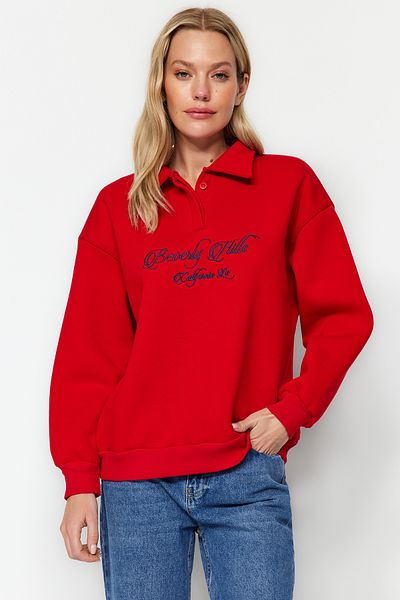 Trendyol Collection Red Shirt Collar Embroidered Regular Fit Thick Fleece Inside Knitted Sweatshirt TWOAW24SW00182