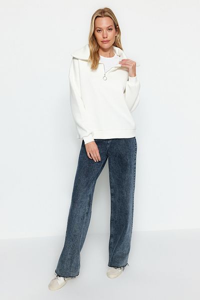Trendyol Collection Ecru zip stojáček límec tlustá vnitřní fleecová mikina s regulérním střihem TWOAW24SW00347