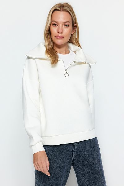 Trendyol Collection Ecru zip stojáček límec tlustá vnitřní fleecová mikina s regulérním střihem TWOAW24SW00347