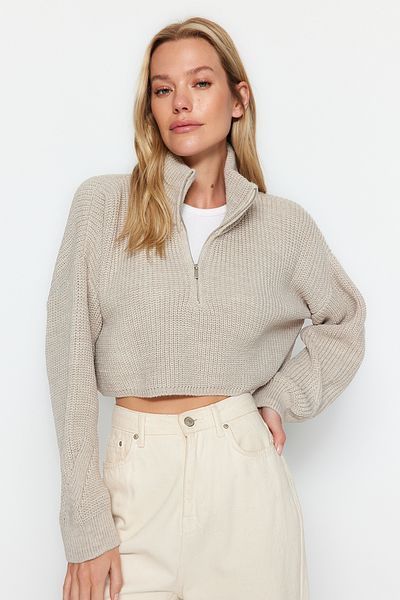 Trendyol Collection Super Crop Stone Strickpullover mit Reißverschluss – TWOAW24KZ00527