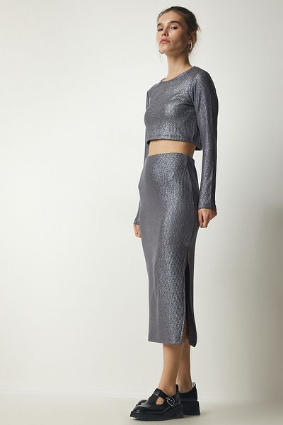 Happiness İstanbul Women's Gray Sparkling Corduroy Crop Skirt Set MC00243