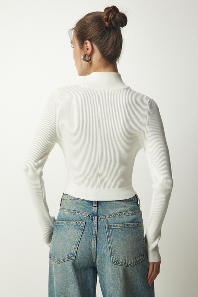 Happiness İstanbul Kadın Ekru Fermuarlı Fitilli Crop Triko Kazak PF00027