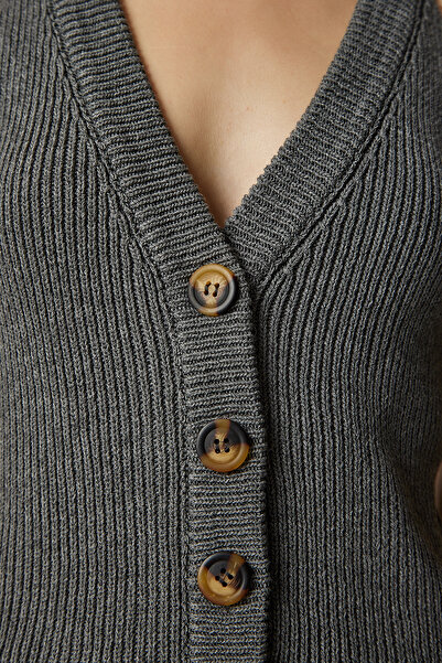 Happiness İstanbul Dámská antracitová pletená vesta s ohlávkovým límcem FN03118