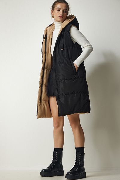 Happiness İstanbul Women's Black Beige Hooded Long Puffer Vest VP00002