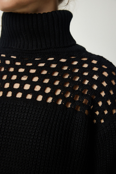 Happiness İstanbul Pulover de damă negru cu guler tricotat, tricotat ajurat, CI00090