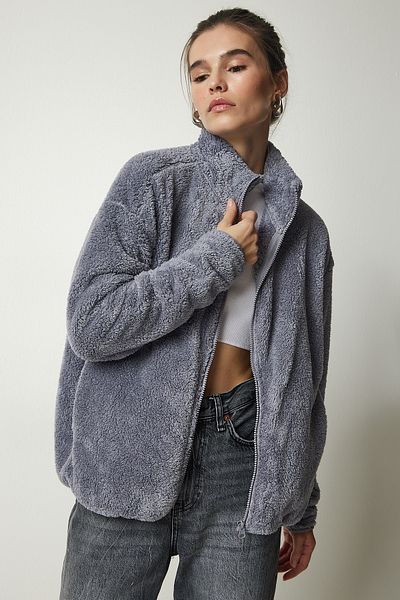 Happiness İstanbul Women's Gray Zippered Plush Cardigan UB00196