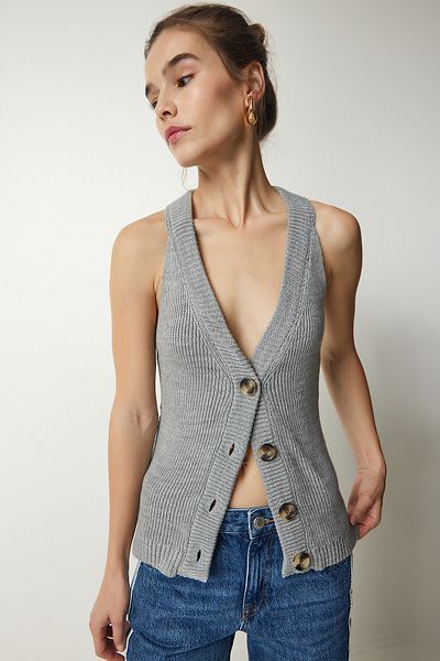 Happiness İstanbul Graue Strickweste mit Neckholderkragen und Knopfleiste für Damen YY00179
