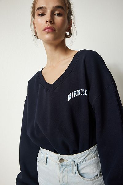 Happiness İstanbul Marineblaues Oversize-Sweatshirt mit V-Ausschnitt und kurzem Schnitt für Damen MC00239