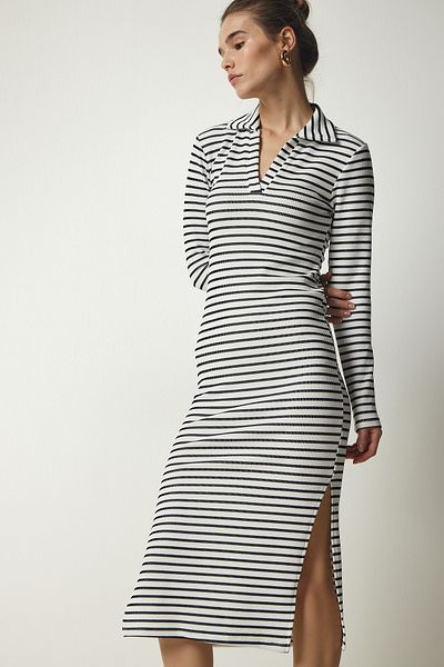 Happiness İstanbul Weißes gestreiftes Camisole-Kleid mit Rollkragen für Damen MC00238