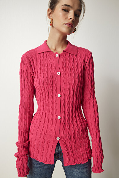 Happiness İstanbul Γυναικεία πλεκτή ζακέτα με ροζ πόλο γιακά FN03117