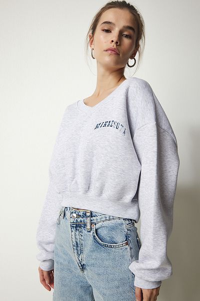 Happiness İstanbul Women's Gray Melange V-Neck Oversize Crop Knitted Sweatshirt MC00239