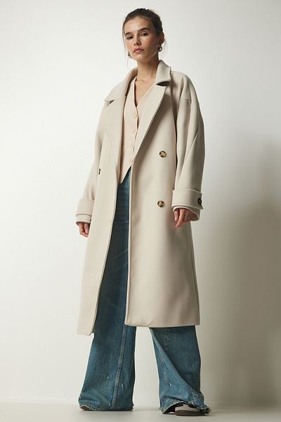 Happiness İstanbul Women's Cream Double Breasted Collar Belted Oversize Stamp Coat TO00115