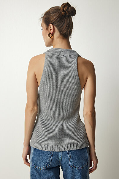 Happiness İstanbul Dámská úpletová vesta s šedým ohlávkovým límečkem YY00179