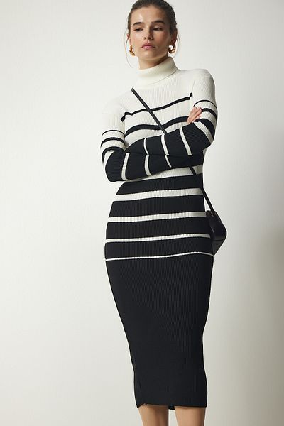 Happiness İstanbul Ecru-schwarzes Rollkragenpullover aus gestreiftem Cord-Strickkleid für Damen DD01264