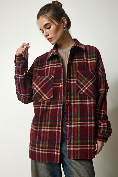 Happiness İstanbul Γυναικείο πουκάμισο Ξυλοκόπος Oversize με μπορντό σχέδιο TU00034