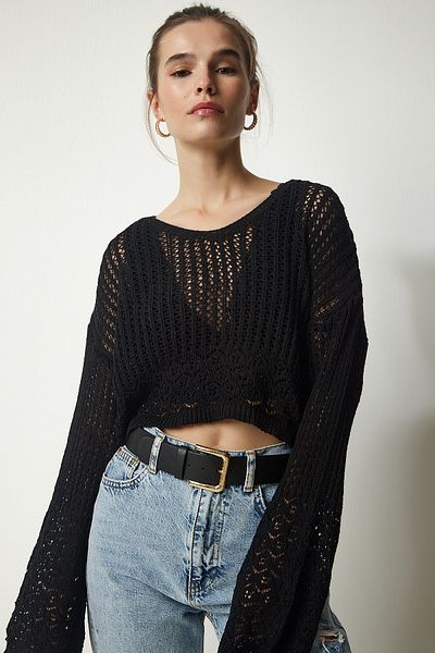 Happiness İstanbul Pulover negru de damă, cu decolteu în V, curbat, din tricot, CI00094