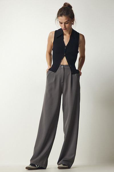 Happiness İstanbul Women's Gray Pleated Woven Trousers UB00188