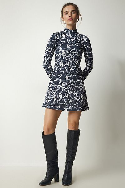 Happiness İstanbul Rochie mini pentru femei, neagră, gri, cu model, cu guler înalt UB00183