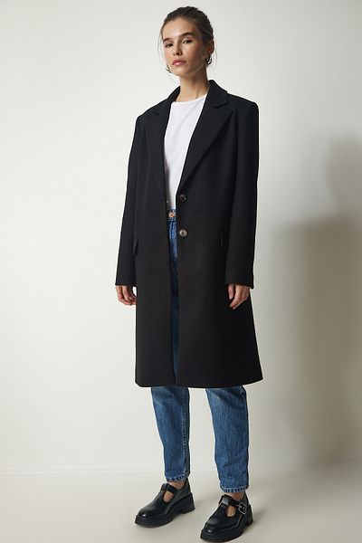 Happiness İstanbul Women's Black Double Breasted Collar Buttoned Cashmere Coat TO00114