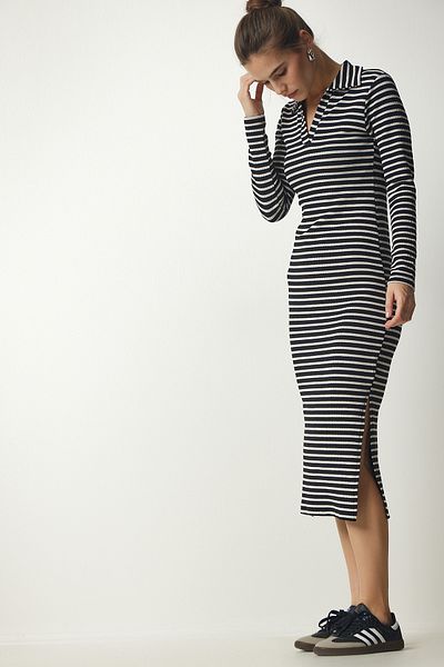 Happiness İstanbul Rochie neagră pentru damă, cu gât polo, cu dungi MC00238