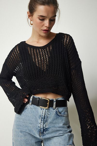 Happiness İstanbul Pulover negru de damă, cu decolteu în V, curbat, din tricot, CI00094