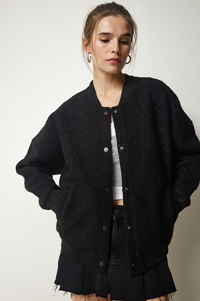 Happiness İstanbul Schwarze Bouclé-Jacke mit Knöpfen für Damen KW00004